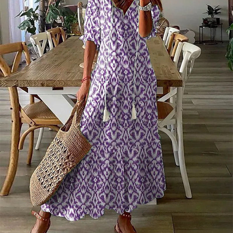 Robe Maxi Bohème Imprimé Graphique Coupe Fluide Été