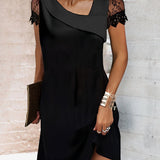 Robe Courte Noire Dentelle Épaule Asymétrique Chic