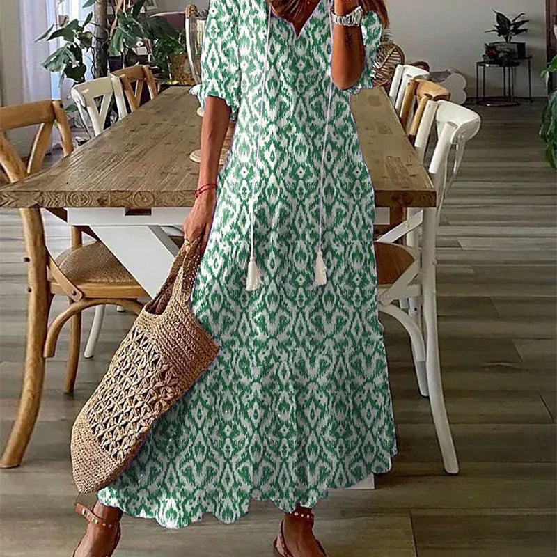 Robe Maxi Bohème Imprimé Graphique Coupe Fluide Été