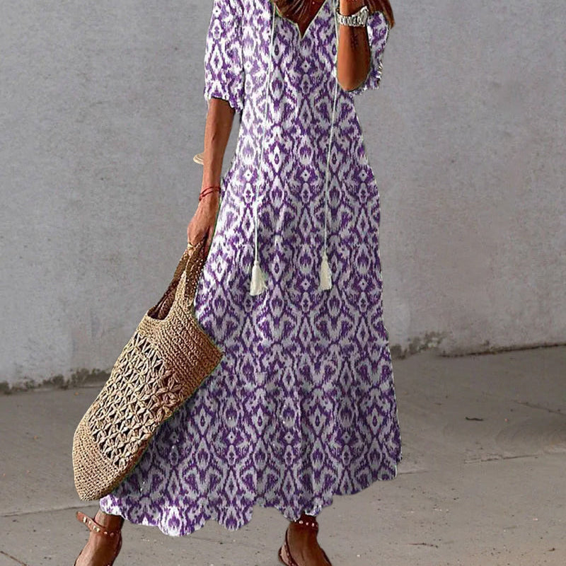 Robe Longue Femme Fleurie à Col V Boutonnée