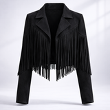 Veste courte en suédine à franges et col cranté