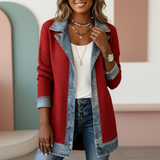 Veste en jean patchwork à col, boutonnée