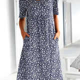 Robe Midi Évasée Imprimé Fleuri Manches Courtes Confort
