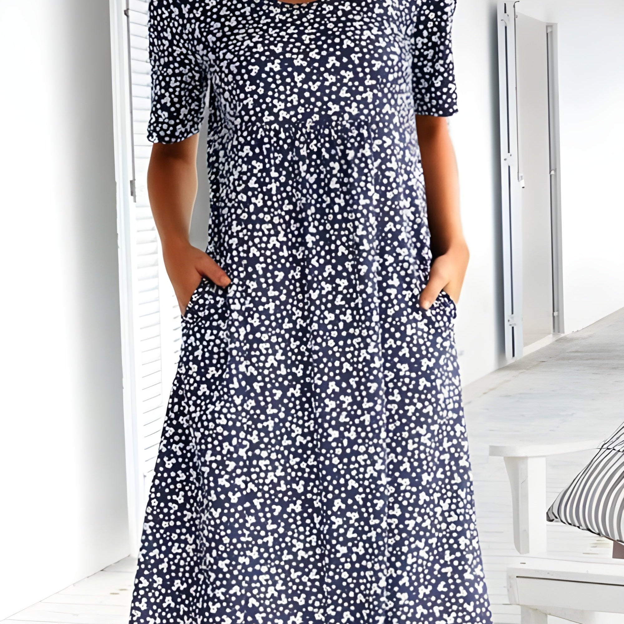Robe Midi Évasée Imprimé Fleuri Manches Courtes Confort