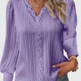 Blouse Plissée à Col V et Manches Longues