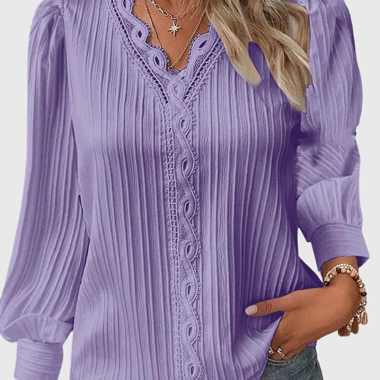 Blouse Plissée à Col V et Manches Longues
