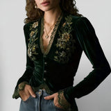 Blouse Brodée à Col V et Manches Longues
