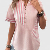 Blouse Rayée à Col V et Manches Courtes