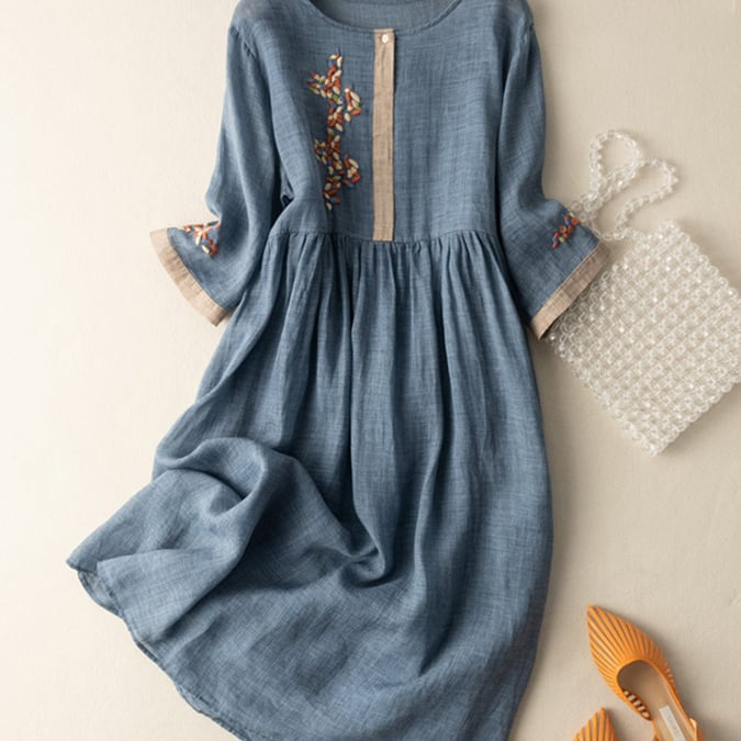 Robe Midi Lin Brodé Coupe Ample Confort Estival