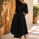 Robe Midi Évasée Taille Ceinturée Manches Courtes Élégance Chic
