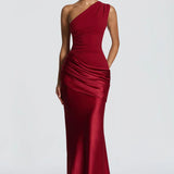 Robe Longue Satinée Asymétrique Drapée