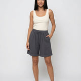 Short femme large en coton mélangé à taille élastique