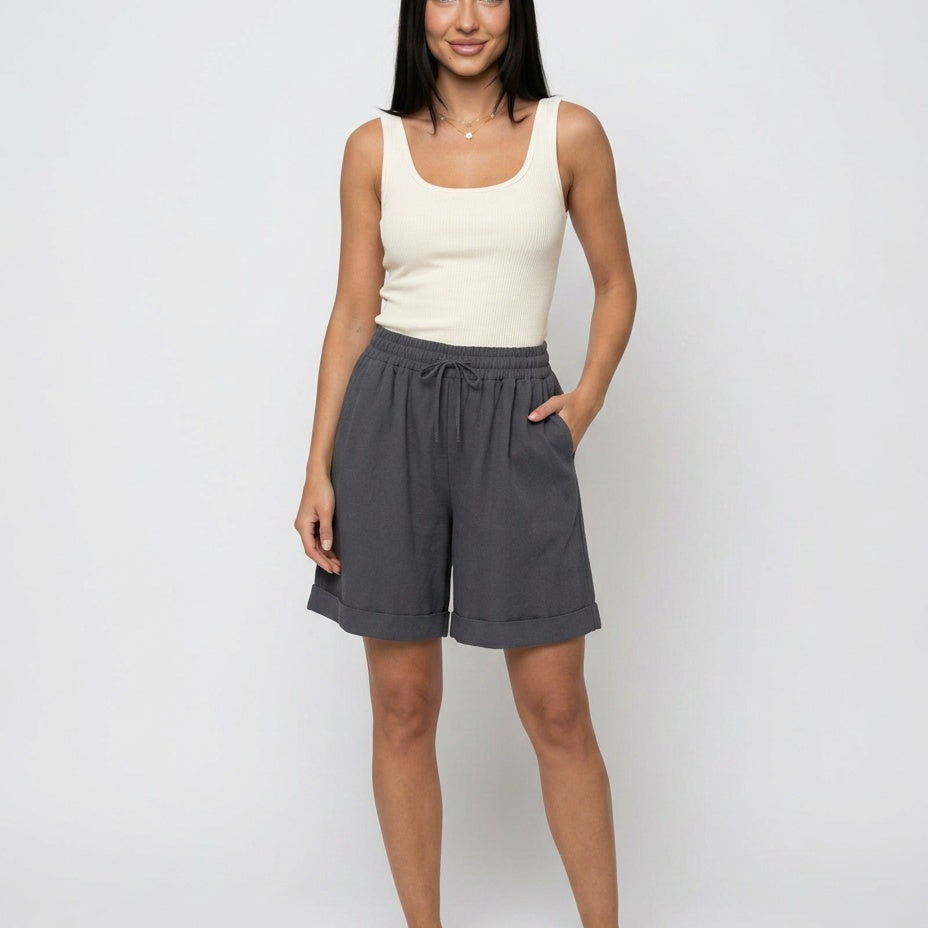 Short femme large en coton mélangé à taille élastique