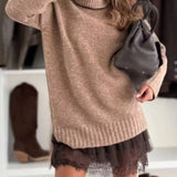 Pull Col Roulé Oversize Automne Marron Femme