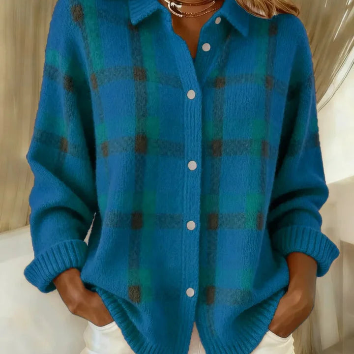 Pull femme à carreaux boutonné avec col