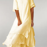 Robe Midi Femme à Volants et Col Rond