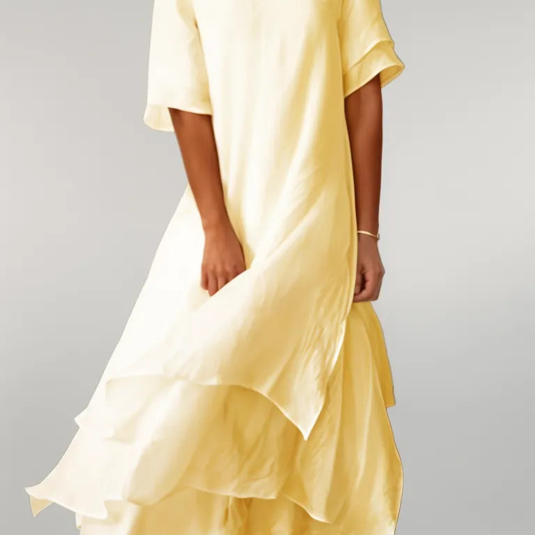 Robe Midi Femme à Volants et Col Rond