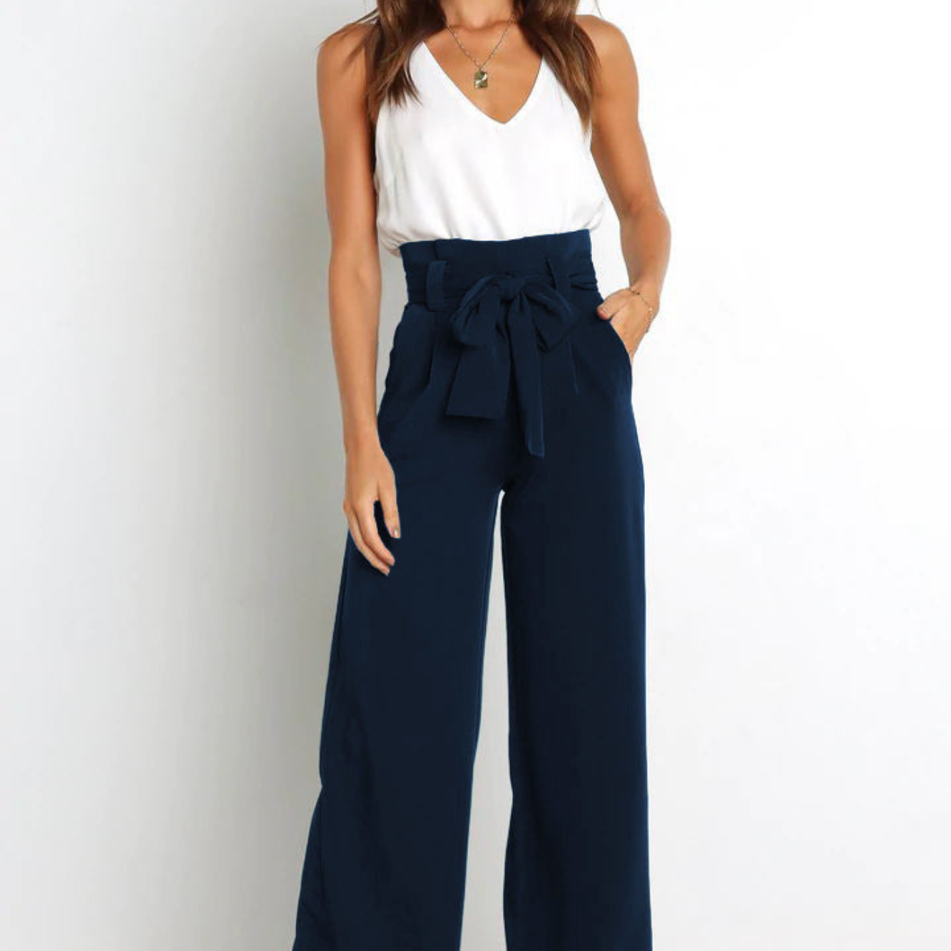 Pantalon Fluide Taille Haute Ceinture Nouée Élégant
