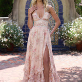 Robe longue à fleurs col licou pour femme