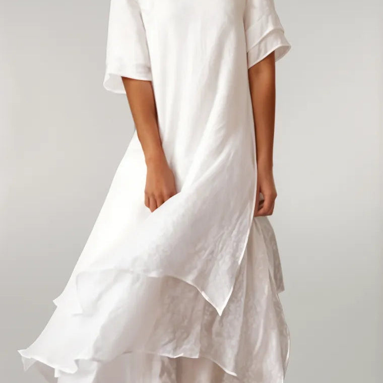 Robe Midi Femme à Volants et Col Rond