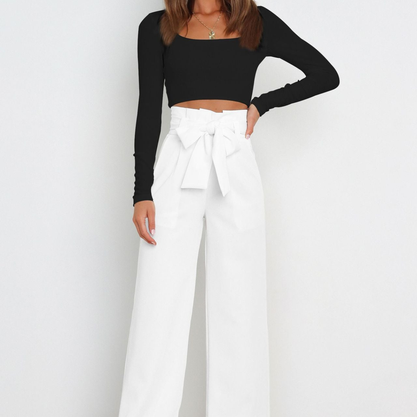 Pantalon Fluide Taille Haute Ceinture Nouée Élégant