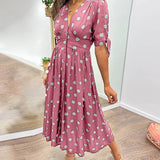 Robe Midi Femme Fleurie à Col V Boutonnée