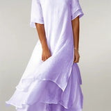 Robe Midi Femme à Volants et Col Rond