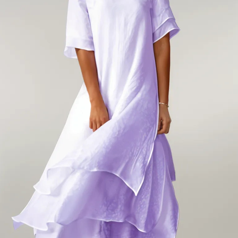 Robe Midi Femme à Volants et Col Rond