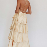 Robe Longue Volants Superposés Dos Nu Élégante
