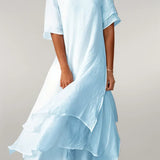 Robe Midi Femme à Volants et Col Rond