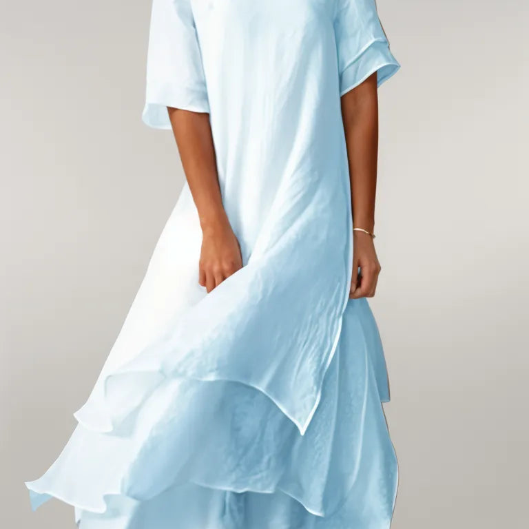 Robe Midi Femme à Volants et Col Rond