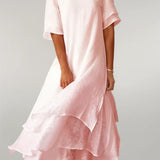 Robe Midi Femme à Volants et Col Rond