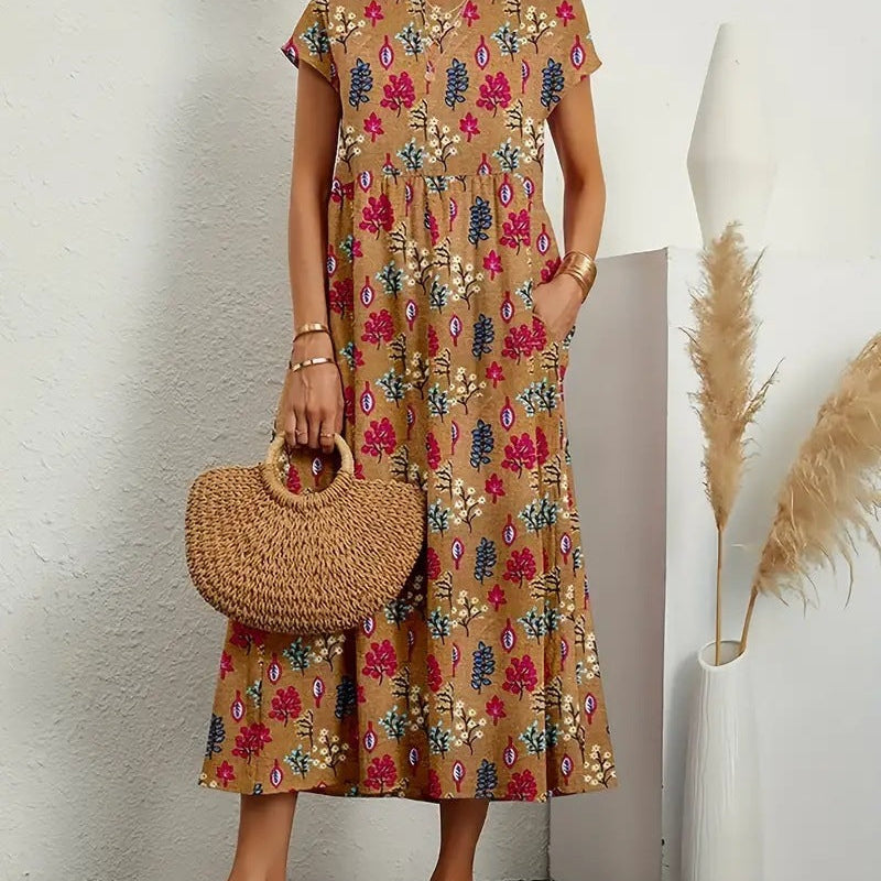 Robe Midi Imprimée Taille Élastique Manches Courtes Style Vintage