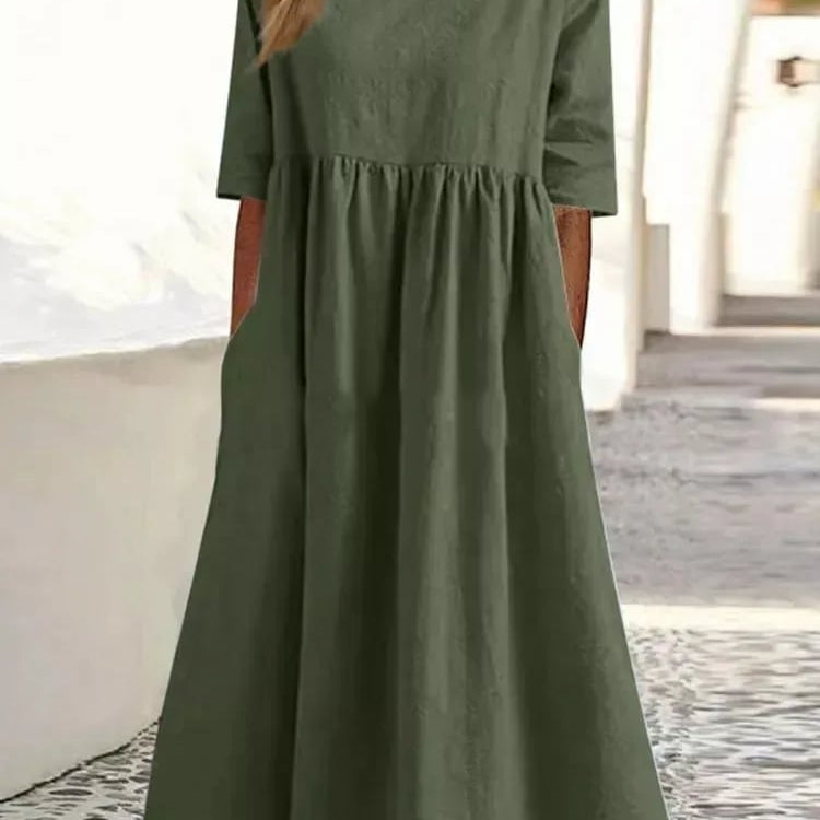 Robe Longue Ample Taille Haute Manches Courtes Style Décontracté