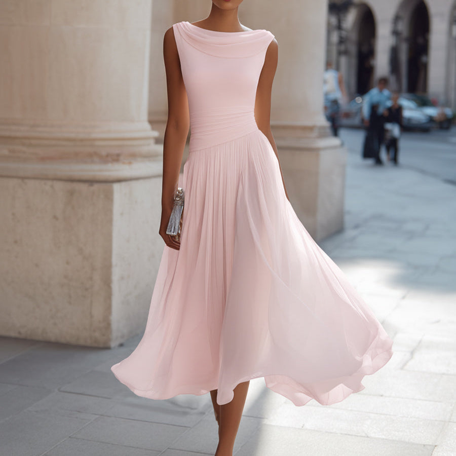 Robe midi plissée sans manches à col bénitier