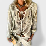 Blouse Brodée à Col V et Manches Longues