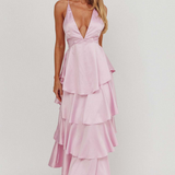 Robe Longue Volants Superposés Dos Nu Élégante