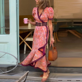 Robe Longue Fleurie à Manches Courtes et Fente