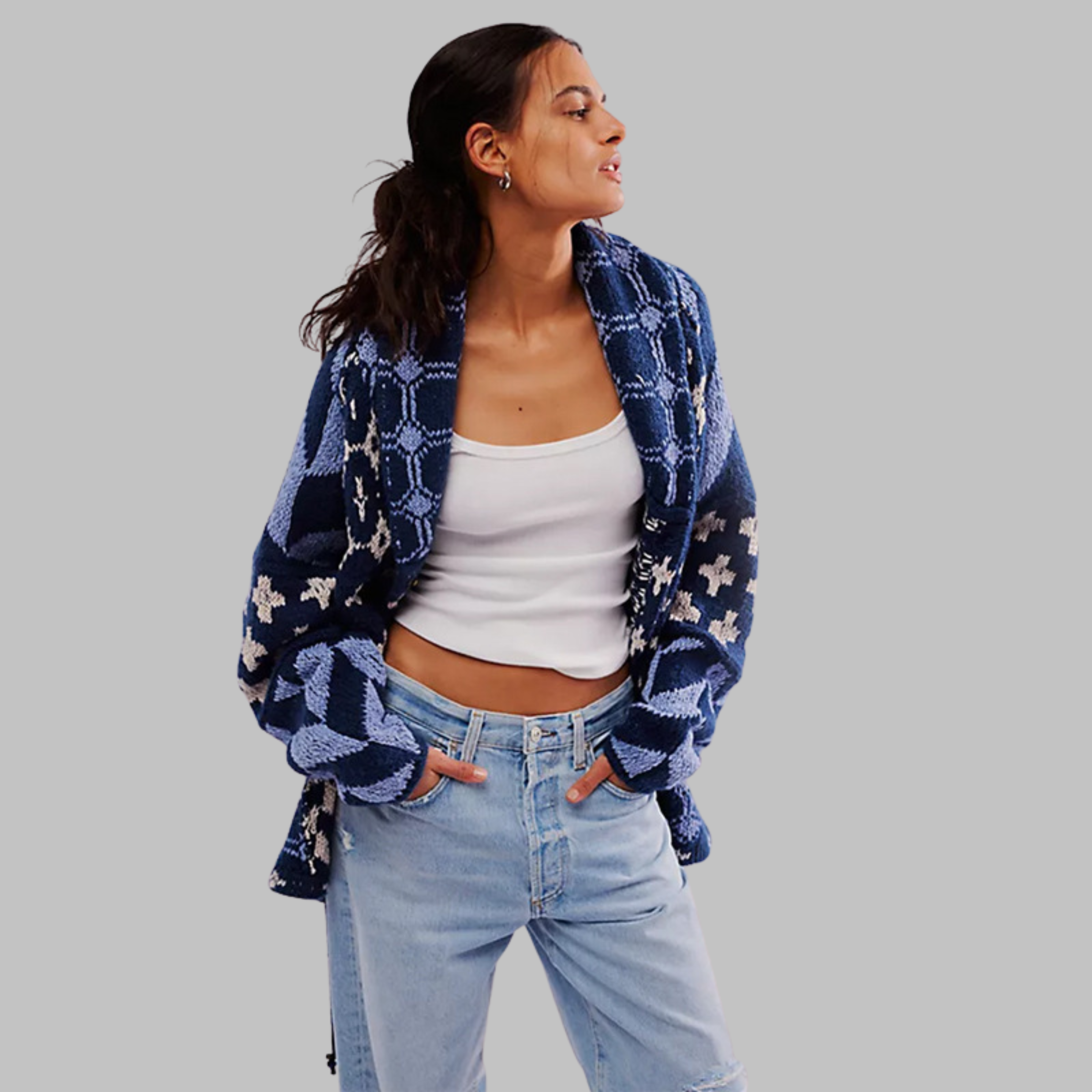 Cardigan Femme Motif Géométrique Oversize