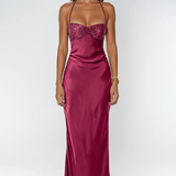 Robe Longue Satinée à Corsage Orné