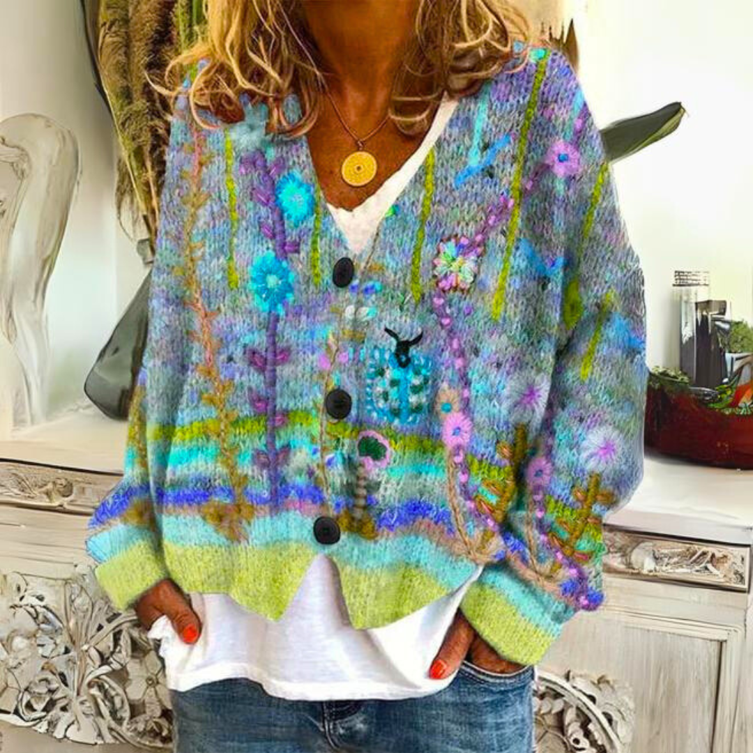 Cardigan Femme Coloré Maille Artistique – Gilet Boutonné Bohème