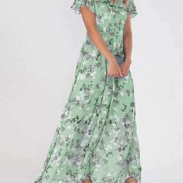 Robe Maxi Florale Volants Manches Courtes Élégance