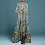 Robe Longue Femme Fleurie à Col V et Ceinture