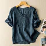 Blouse Lin Col V Boutonné Coupe Décontractée Élégante