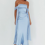 Robe Midi Satinée Bardot Drapée Élégance