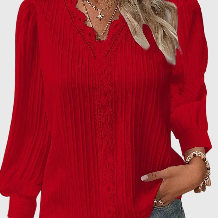 Blouse Plissée à Col V et Manches Longues