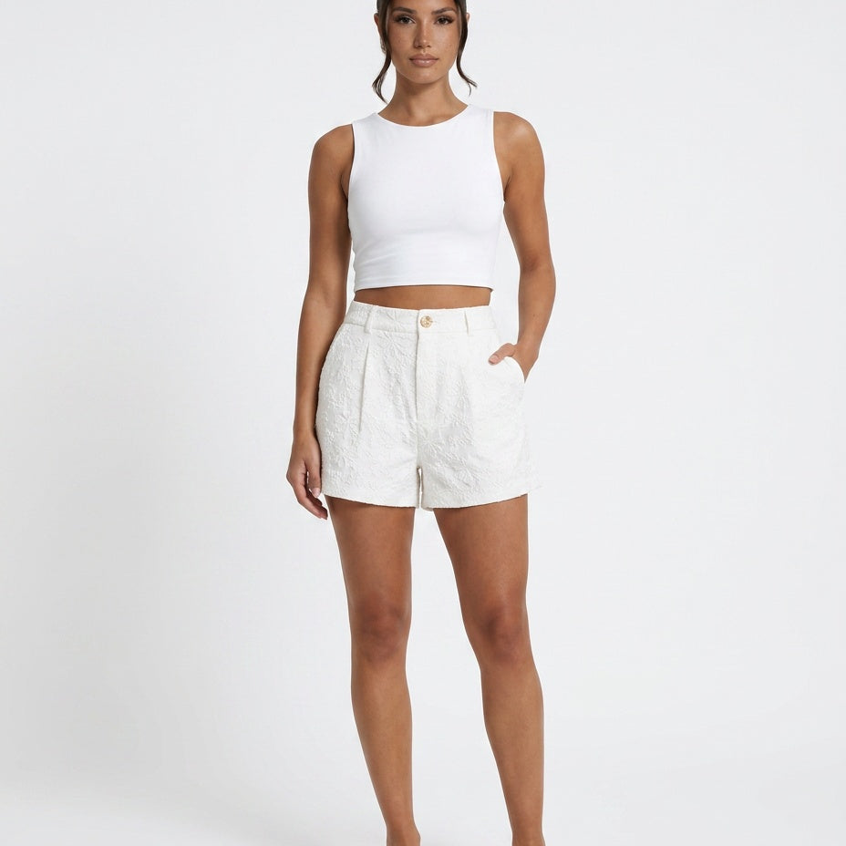 Short femme en jacquard taille haute coupe droite