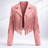 Veste courte en suédine à franges et col cranté