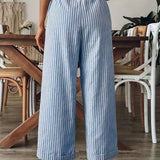 Pantalon Large Rayé à Taille Élastiquée