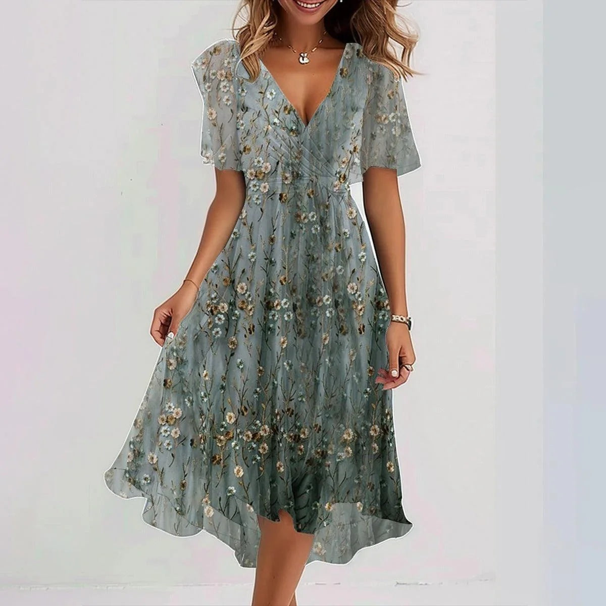 Robe Midi Florale Fluide Col V Élégance Printemps
